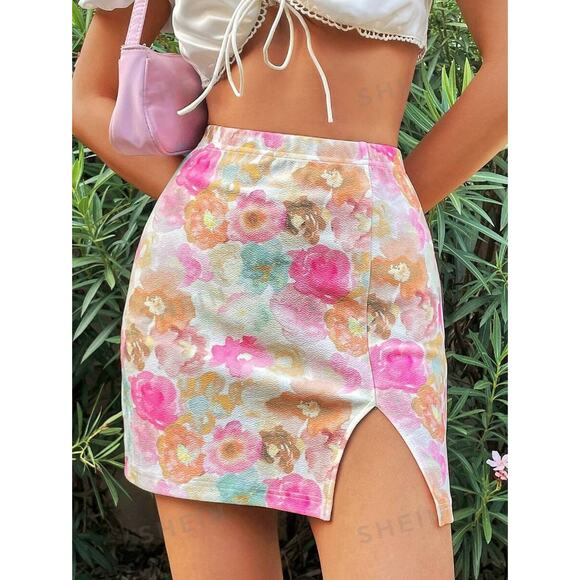 New Medium Pink Floral Mini Skirt Fitted Bodycon Slit High Rise Stretchy - Picture 1 of 3
